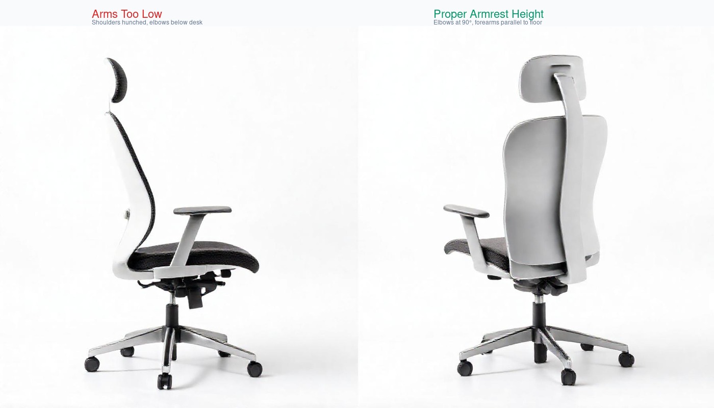 Armrest height comparison for tall people: correct elbow position at 90° vs too-low armrests causing shoulder hunch