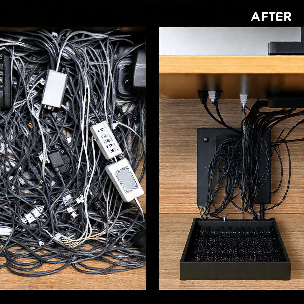 Clean cable management under a standing desk — cable tray, velcro ties, and organized power strip keeping everything tidy