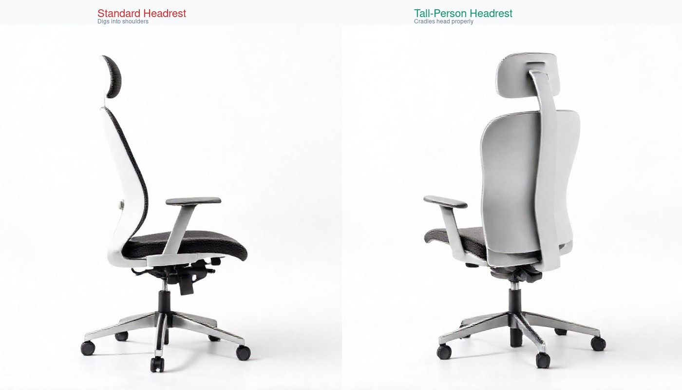 Headrest problem for tall people: a standard headrest hits the shoulders instead of supporting the head, pushing them forward