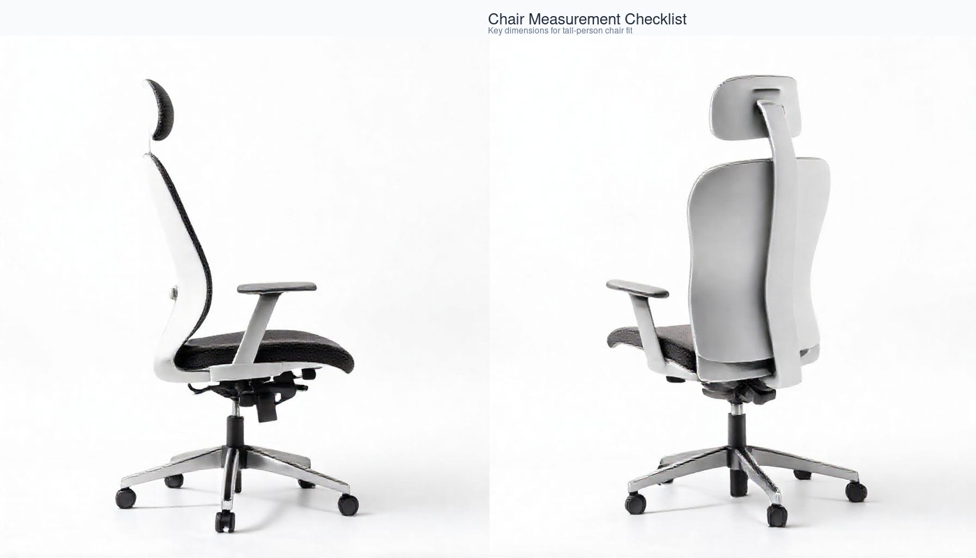 Chair measurement diagram for tall people: seat depth, backrest height, lumbar position, armrest range, and seat height — every dimension that matters