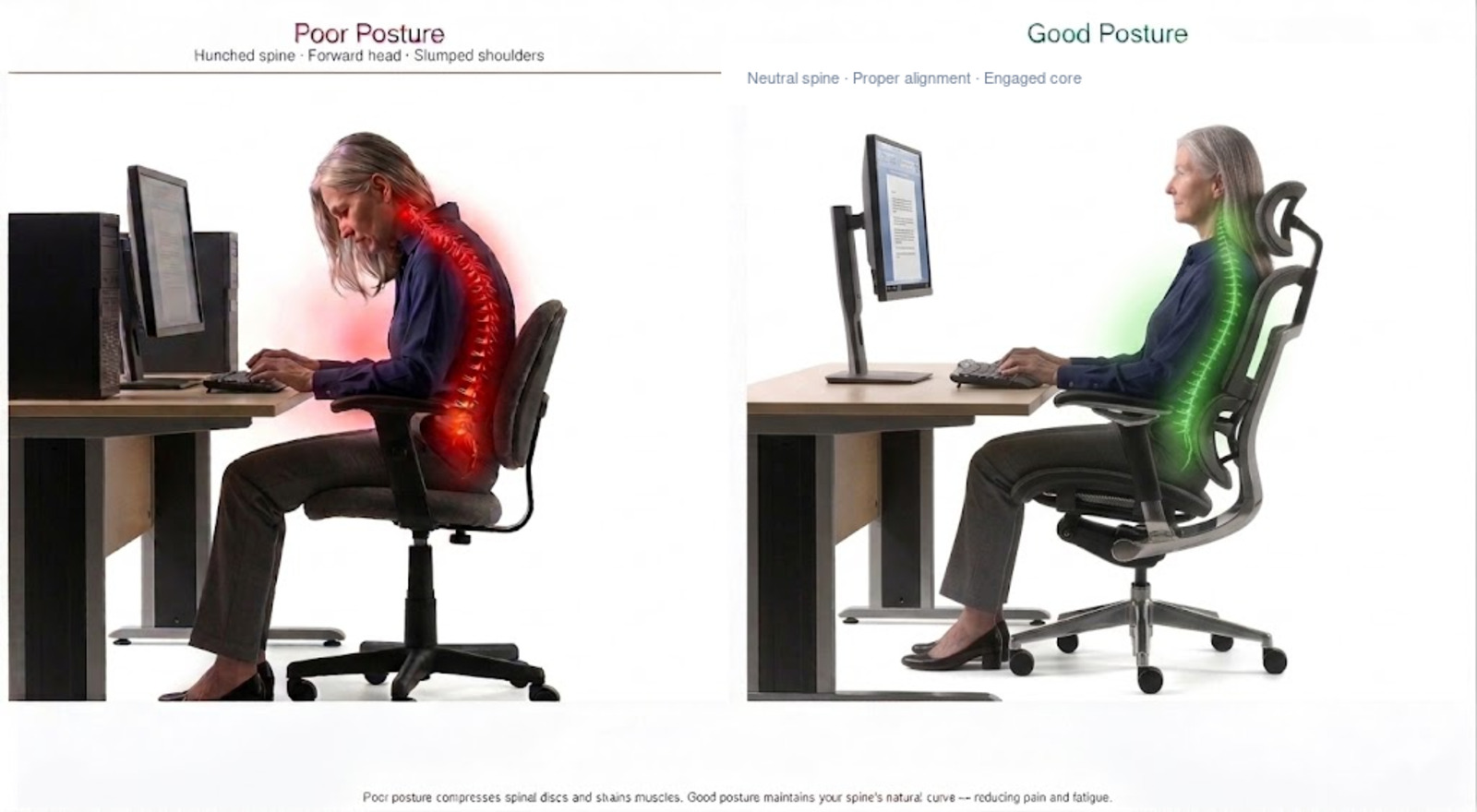 Spine alignment comparison: correct sitting posture vs hunched forward head posture showing the 27kg extra load on cervical spine