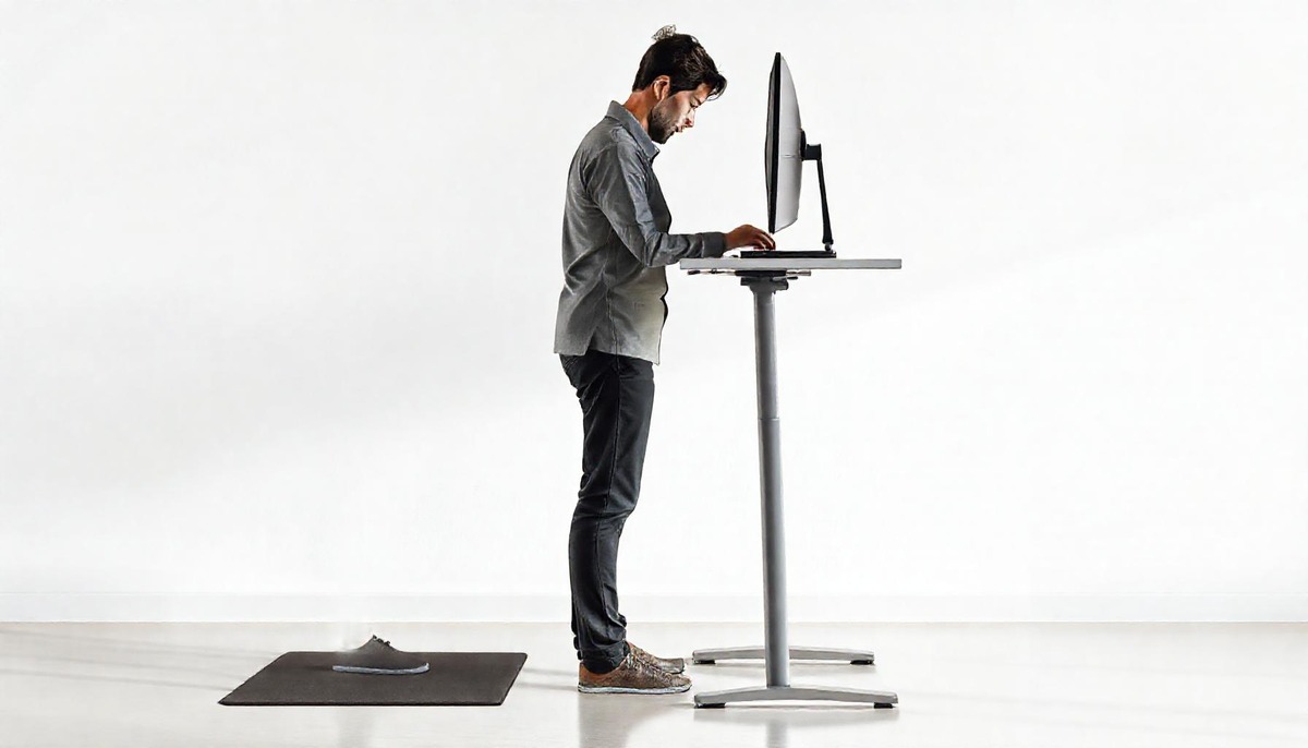 The standing lean problem: standing desk users leaning on the desk, rounding shoulders, and compressing lower back when standing on hard floors without a mat